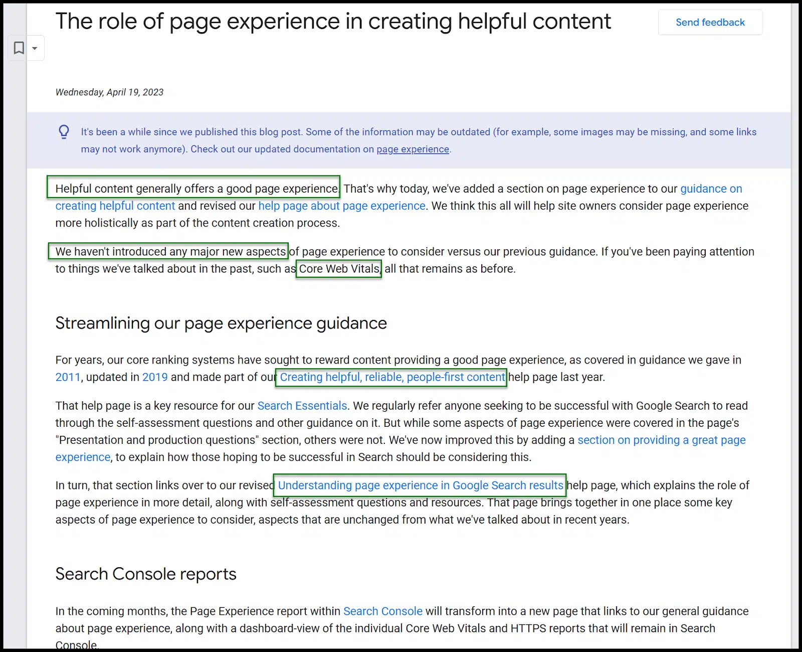 Google documentation on The role of page experience in helpful content