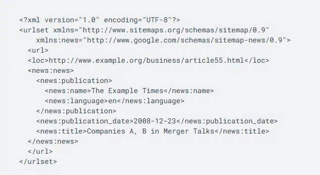 News sitemap xml schema code screenshot