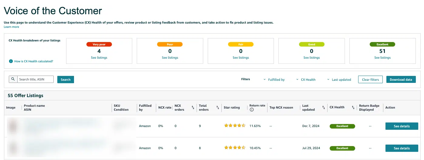 Voice of the Customer, part of the Account Health section in Amazon Seller Central, helps you identify SKUs that could be at risk of suppression due to negative customer experiences (NCX).