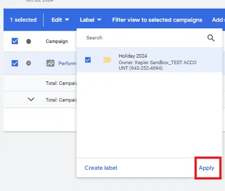 Applying your new label in Google Ads