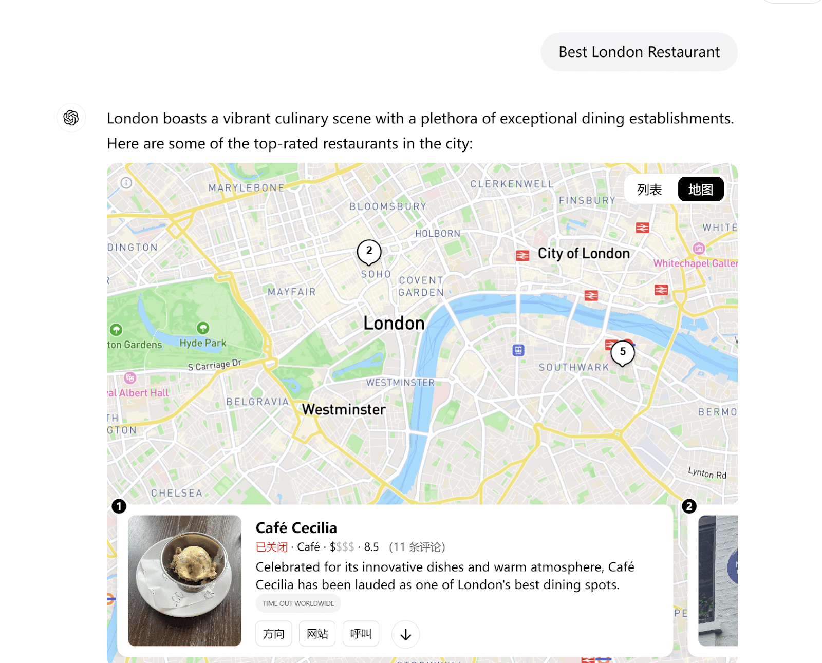 ChatGPT search - best restaurants in London