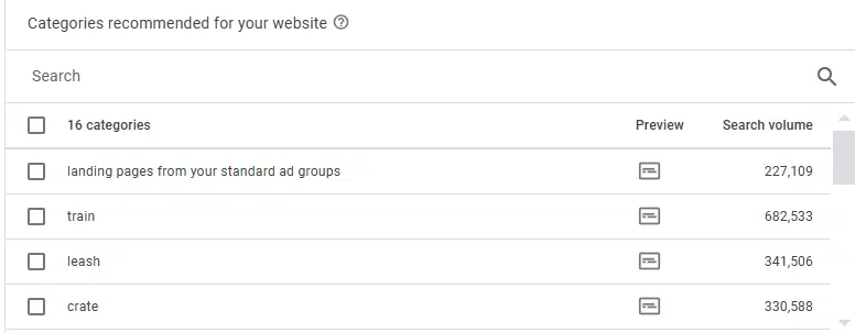 Google Ads - DSA recommended categories