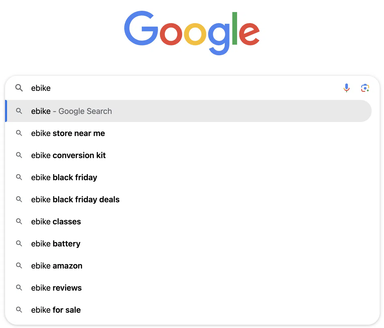 Google autocomplete for "eBike"