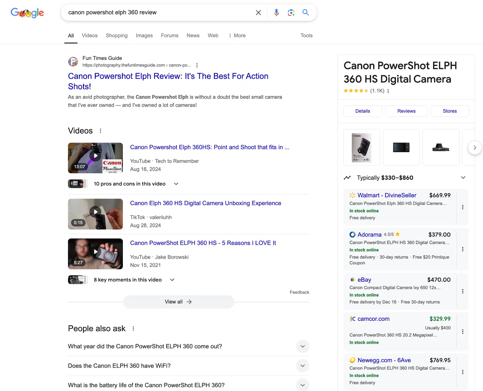 Google search - Canon Powershot Elph 360 review