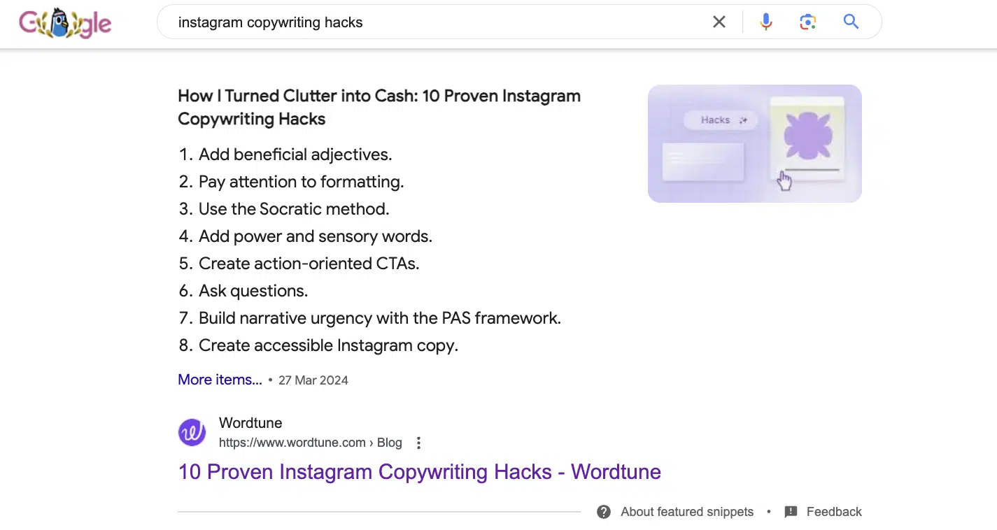 Google search - instagram copywriting hacks