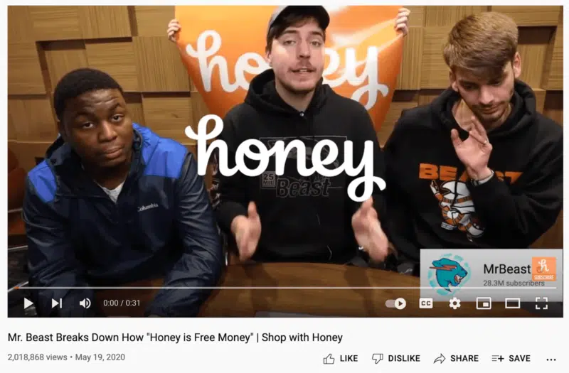 Mr Beast on Youtube with Honey ad - content influencer ad example