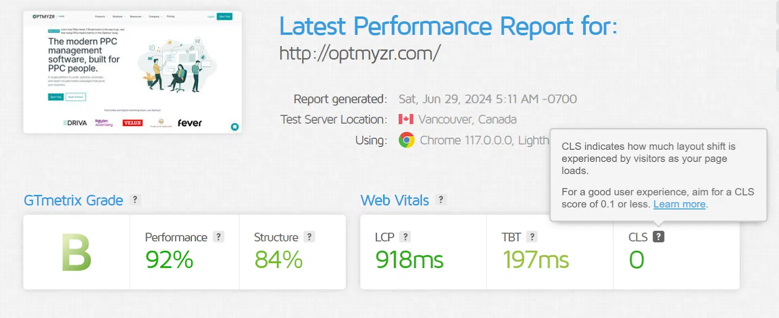 Sample GTmetrix performance repor with CWV insights