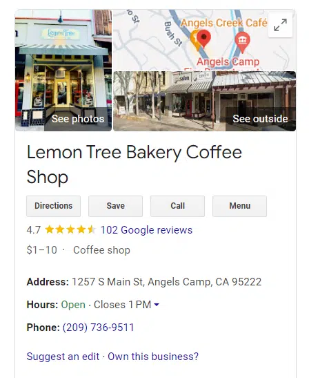 Sample Google Business Profile listing