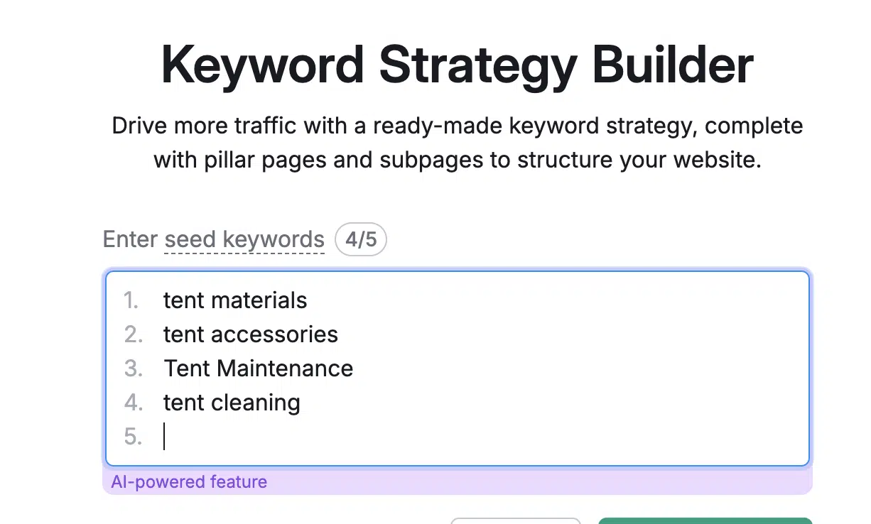 Semrush Keyword Strategy Builder - seed keywords