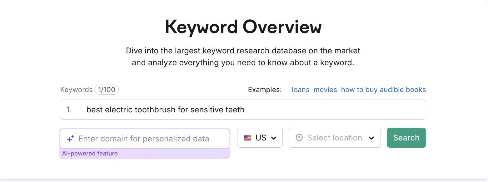 Semrush keyword overview - AI-powered suggestions