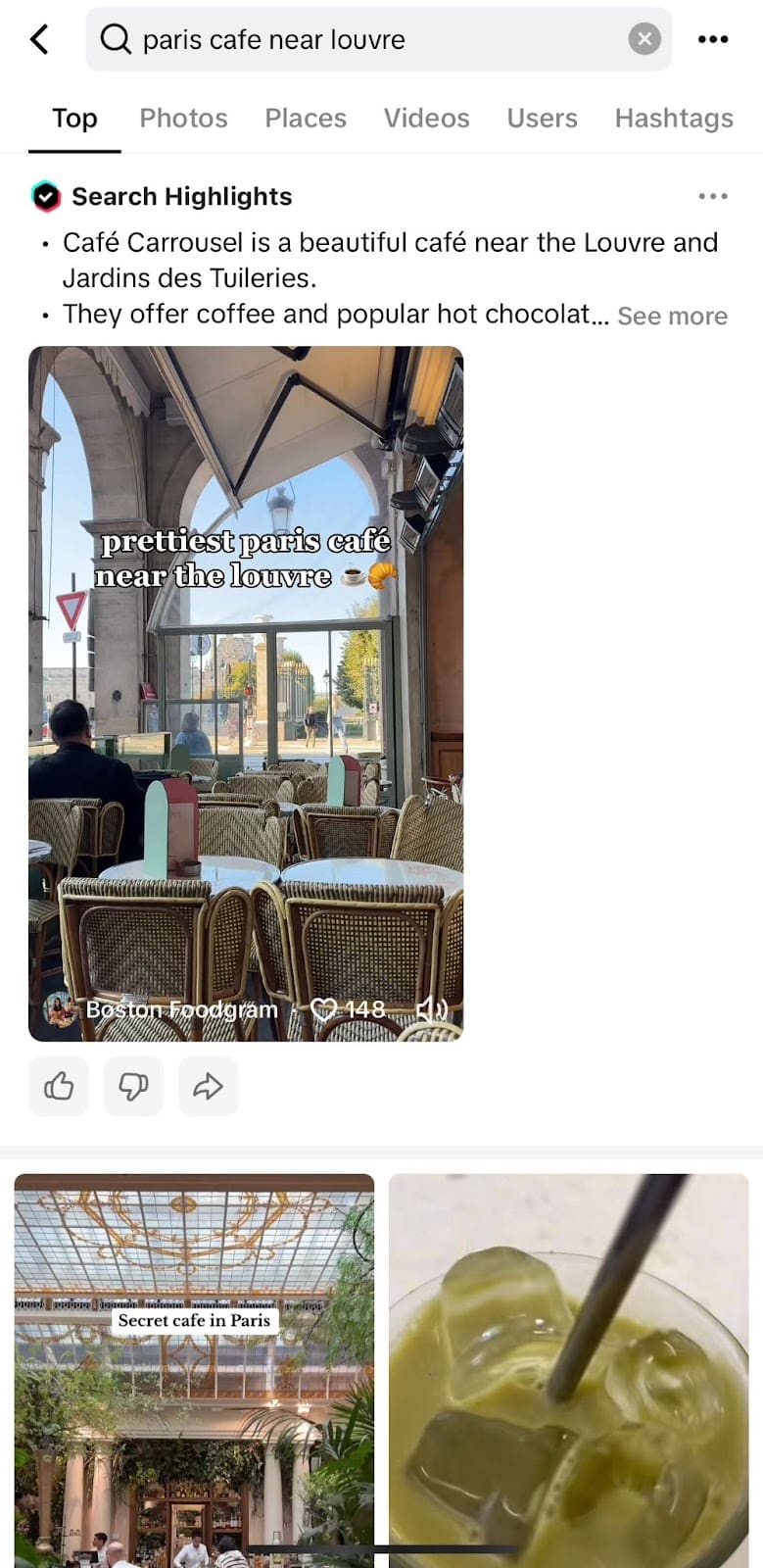 TikTok search - Paris cafe near Louvre