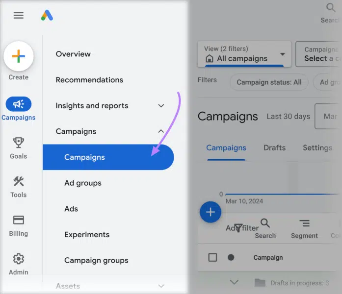 Campaigns tab in Google Ads