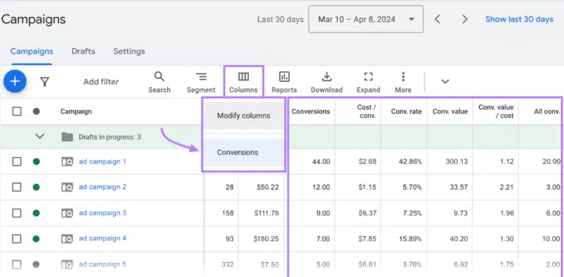 View campaign conversions in Google Ads