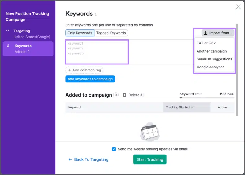 Keywords window of Semrush's Position Tracking tool