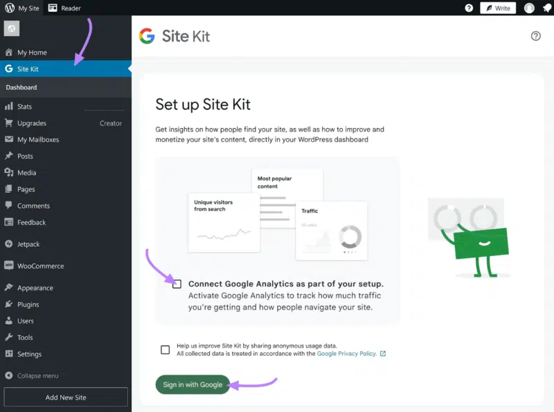 Site Kit plugin - WordPress backend