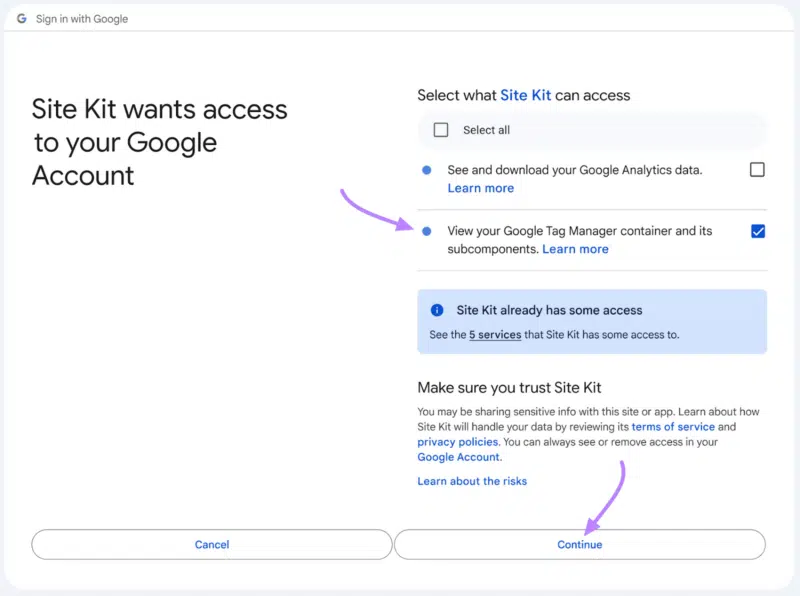 Authorize access for Site Kit by Google