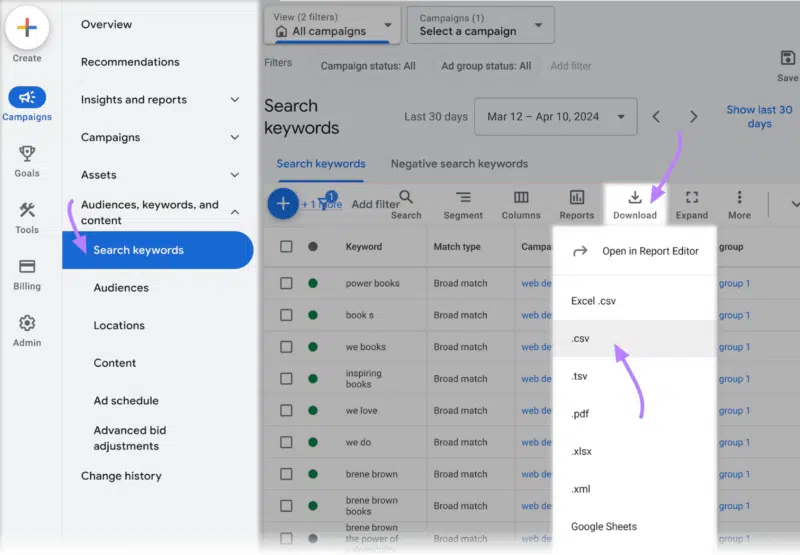 Export keywords from Google Ads