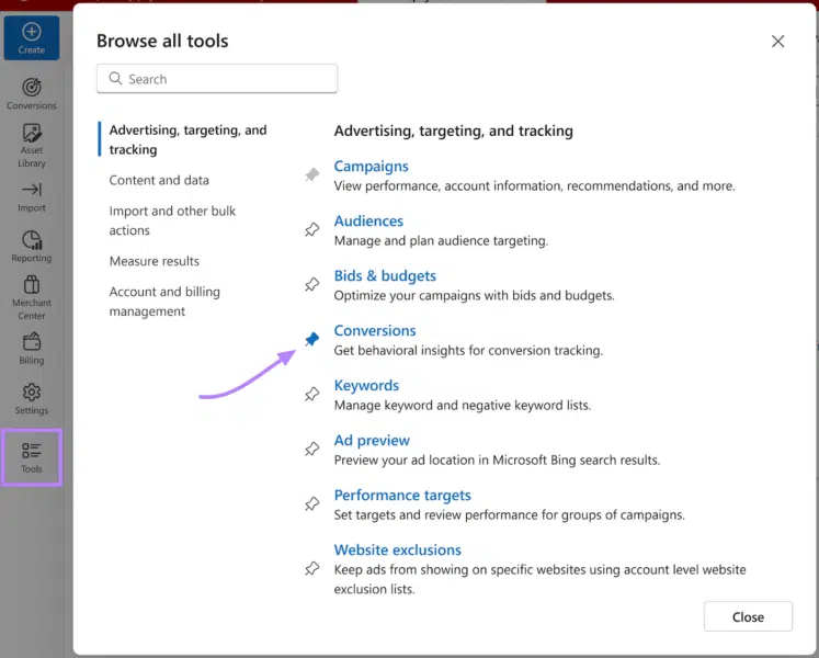 Select Conversions within Microsoft Ads account