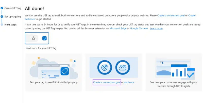 UET tag creation complete - Microsoft Ads