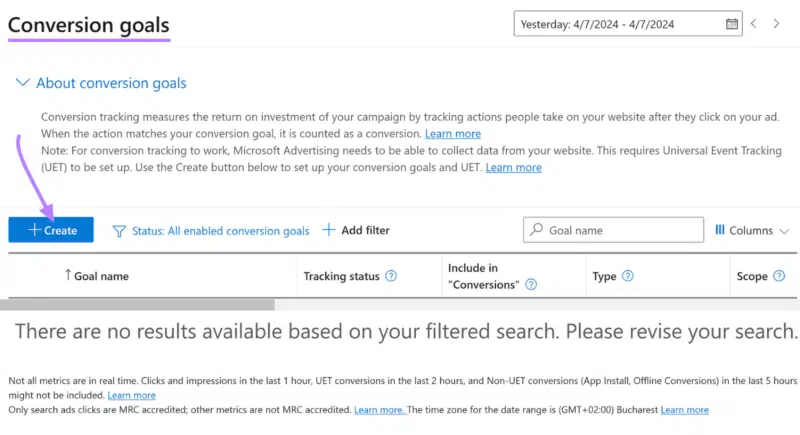 Create Conversion Goals in Microsoft Ads