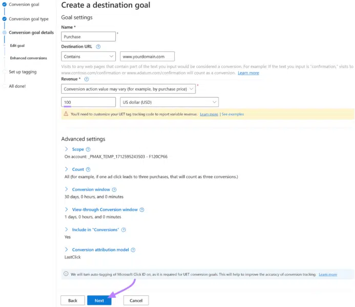 Destination goal advanced settings - Microsoft Ads