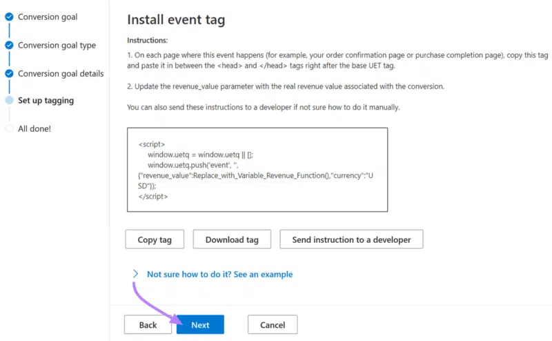 Install event tag - Microsoft Ads