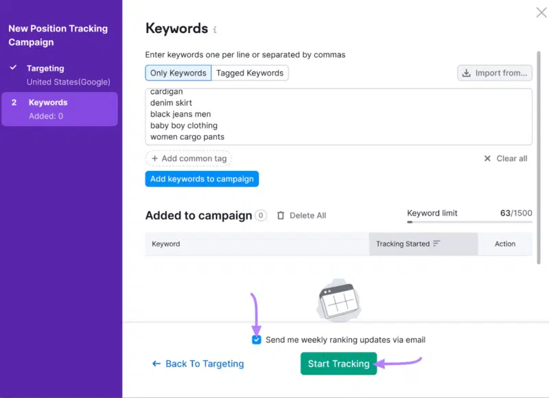 Build keyword campaign in Semrush Position Tracking