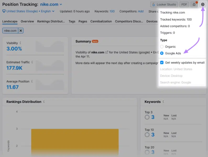 Choose Google Ads or Bing Ads in Semrush's Position Tracking tool