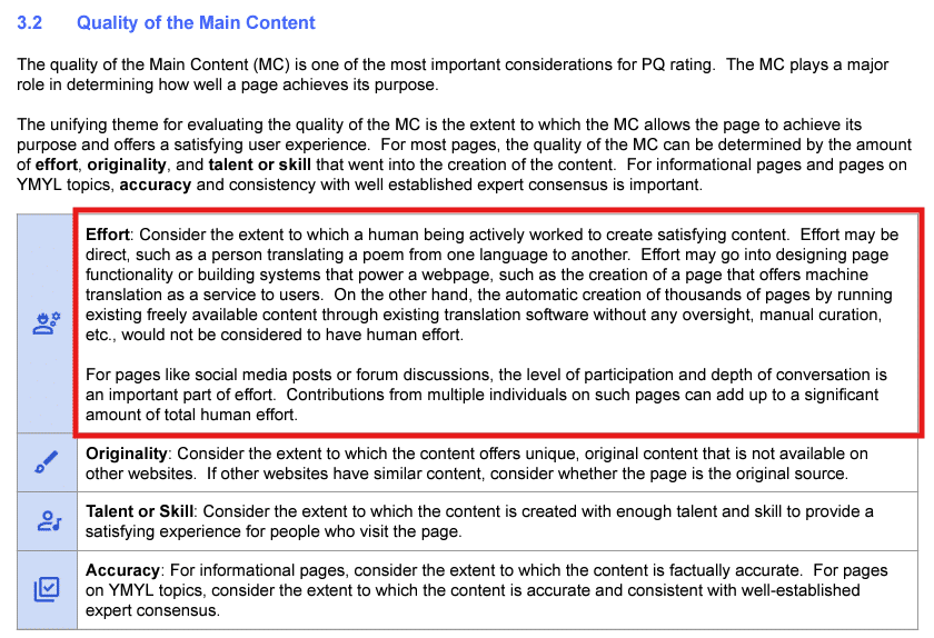 A section from the Search Quality Rater Guidelines. A part on effort is highlighted, indicating that Google wants quality raters to assess how much effort was required to create a piece of content.