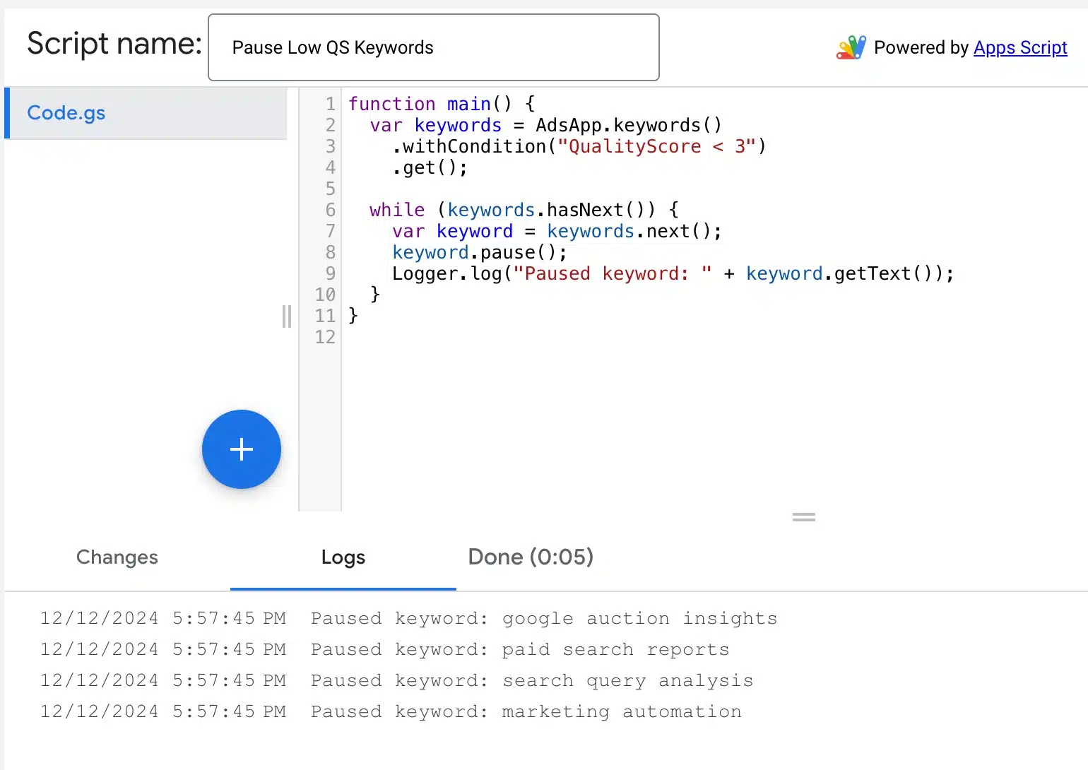 Example script: Pausing low-quality keywords