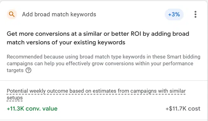 Google Ads - Add broad match keywords