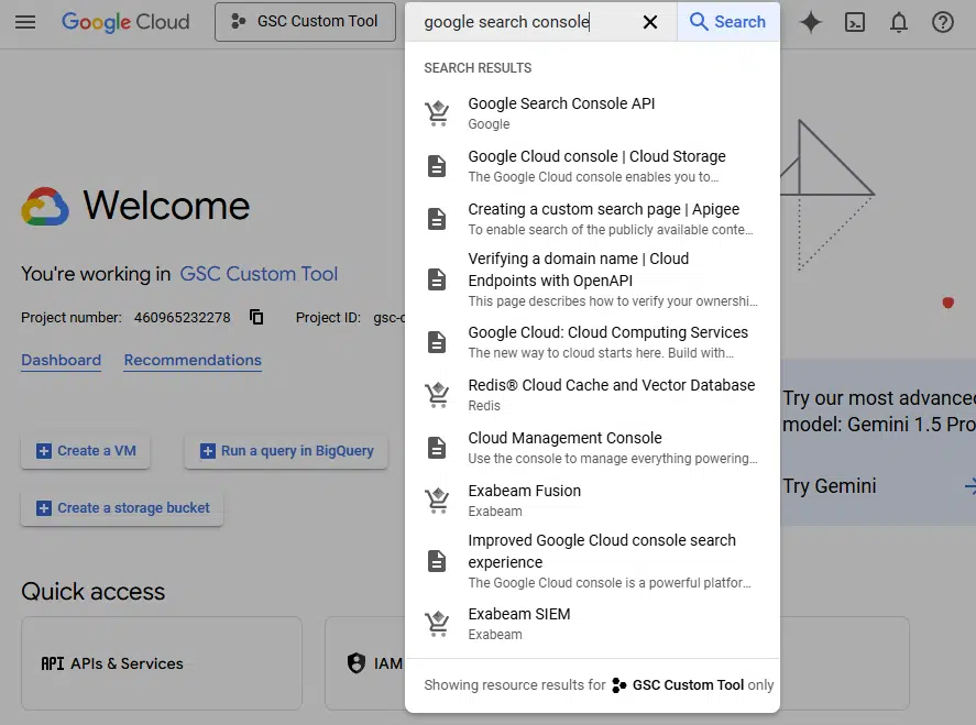 Google Cloud project - GSC API