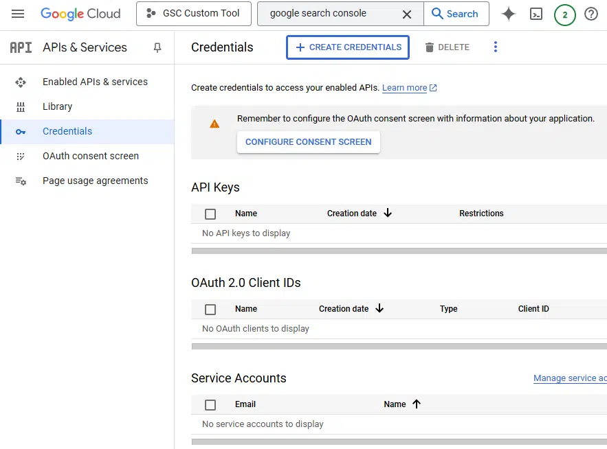 Google Cloud project - GSC Custom Tool credentials