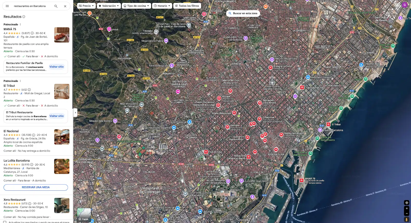 Google search - Maps results for restaurants in Barcelona