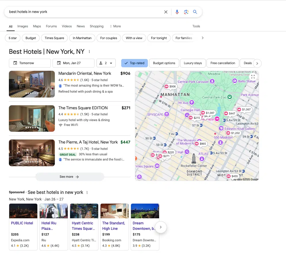 Google search - best hotels in New York