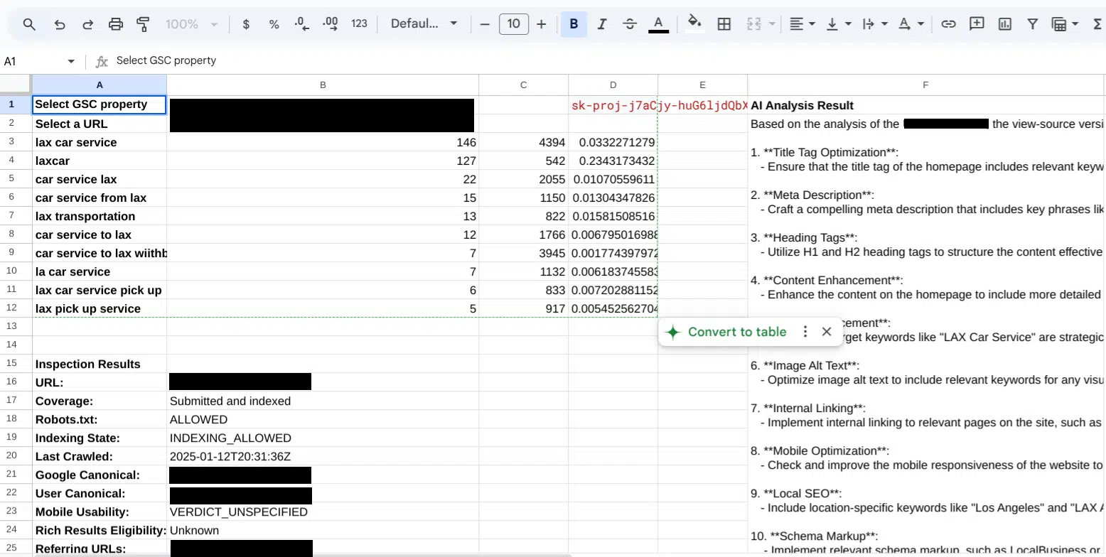 Sample SEO analysis automation with Google Sheets