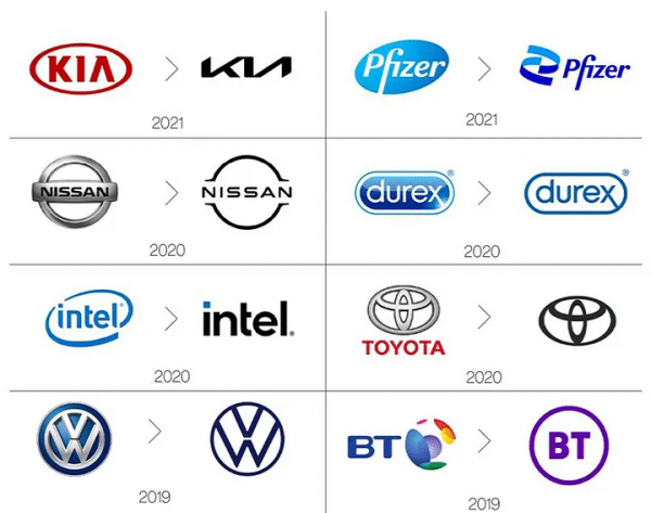 Several logos of different brands and how they simplified their logos over time.