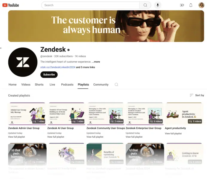 Zendesk's YouTube account