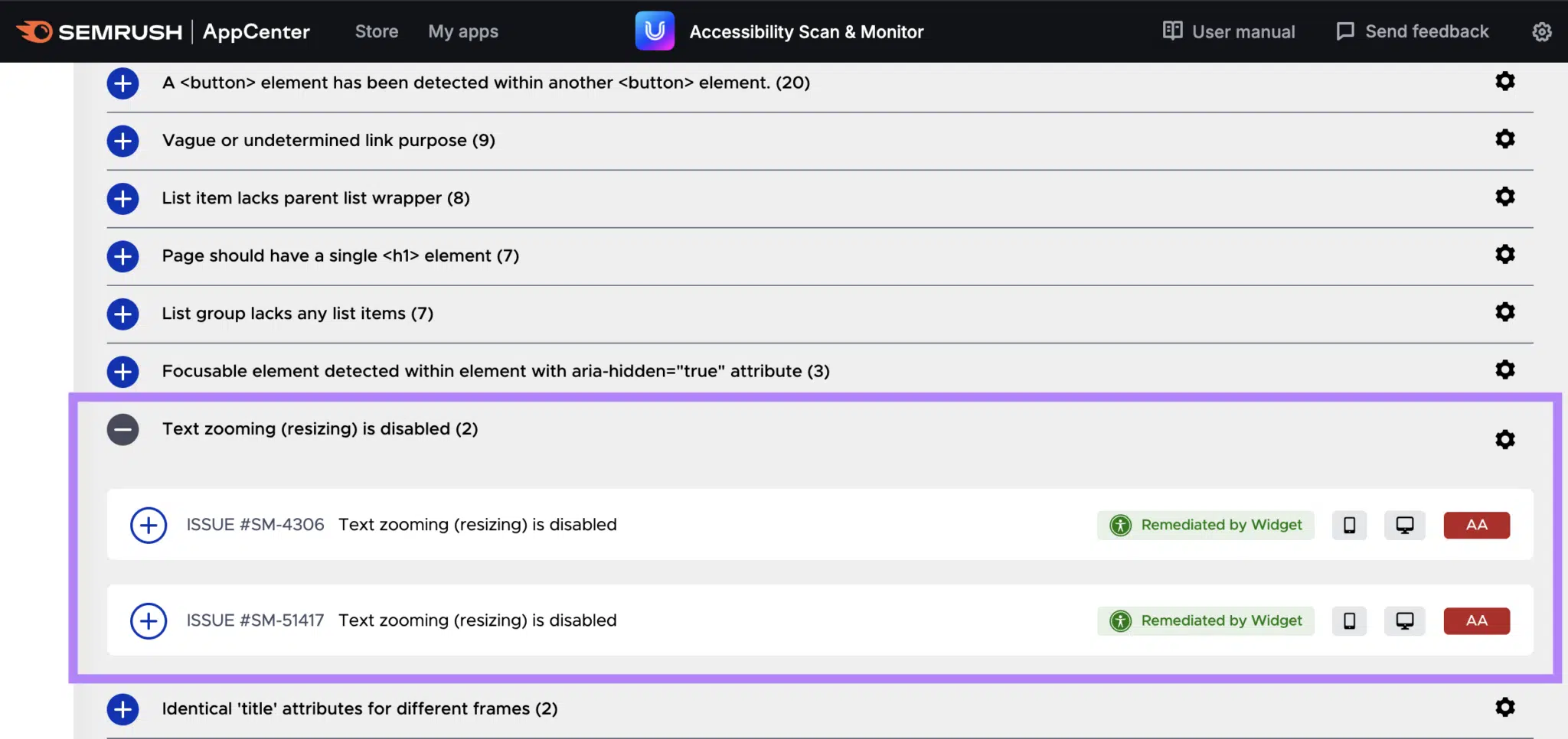 Mobile optimization issues shown in Accessibility Scan and Monitor app such as "Text zooming (resizing) is disabled"