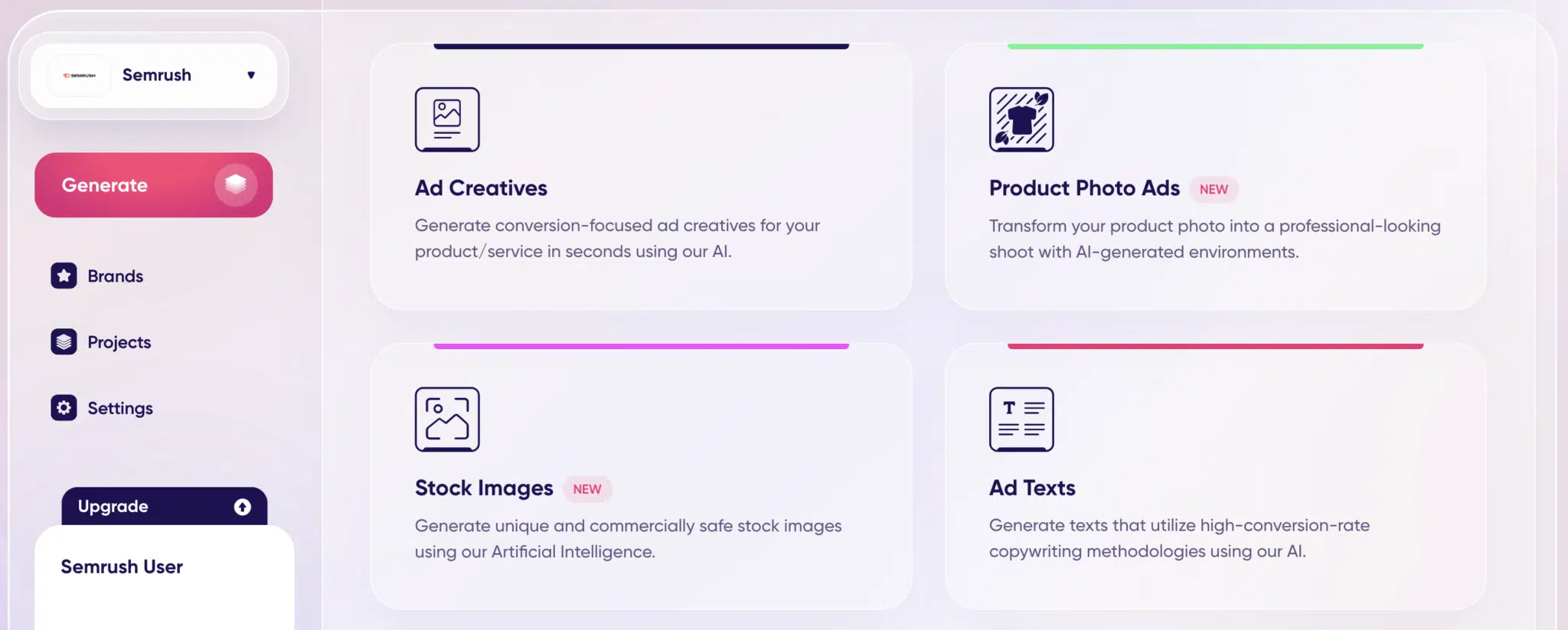 AI-generated ad creative options include ad creatives, product photo ads, stock images, ad texts, ad videos, and ad package