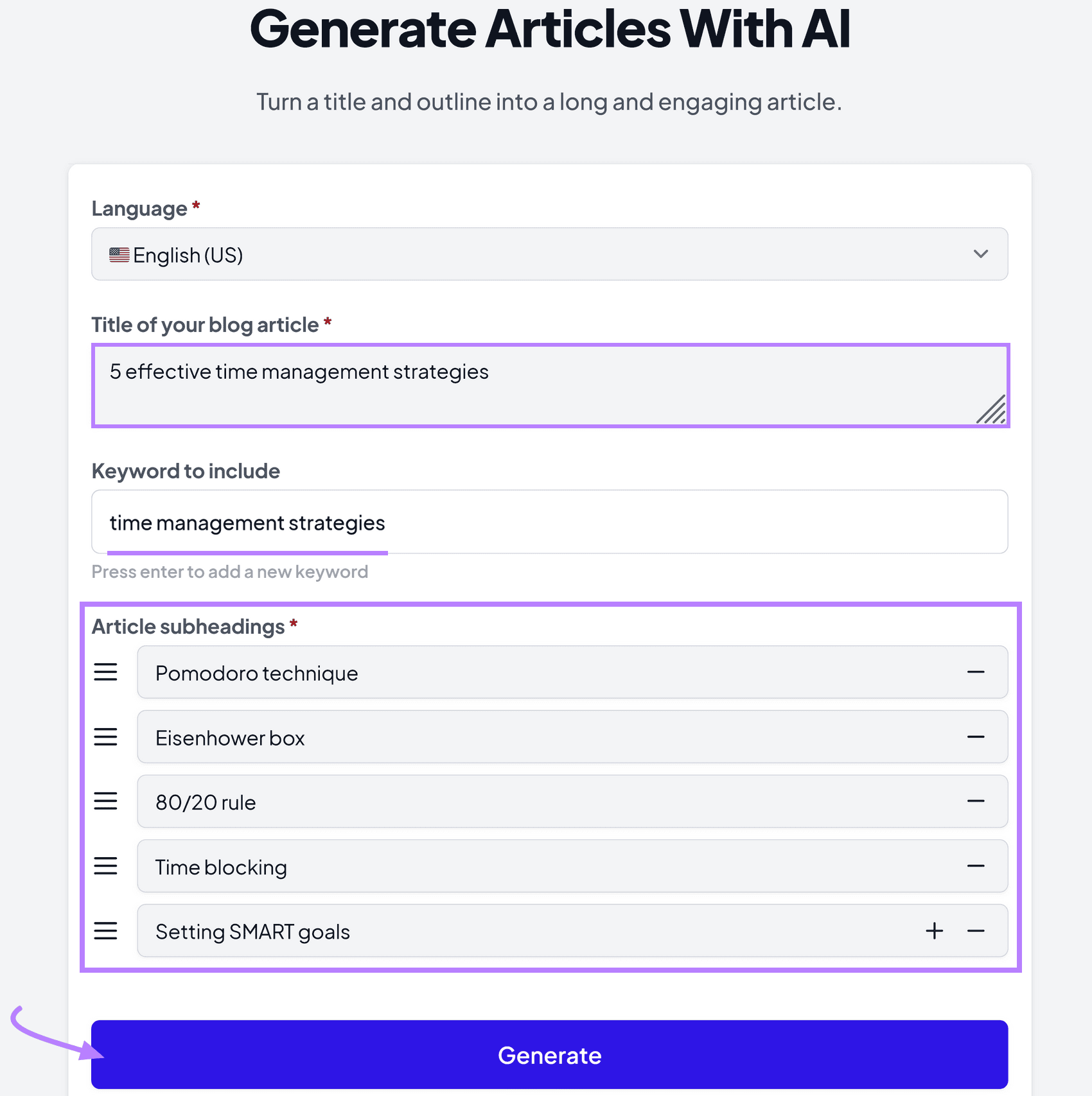 AI Writing Assistant interface with input fields for article title, keyword, and subheadings, and a "Generate" button