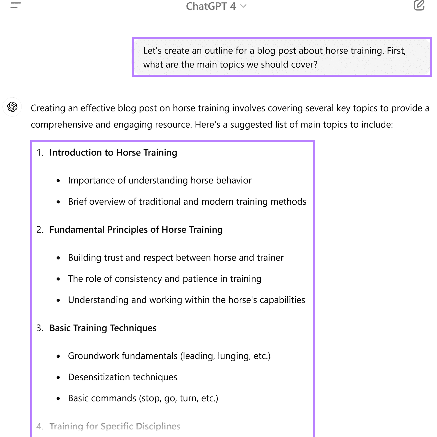 ChatGPT conversation, with a prompt about creating a blog outline and the highlighted response detailing the main topics