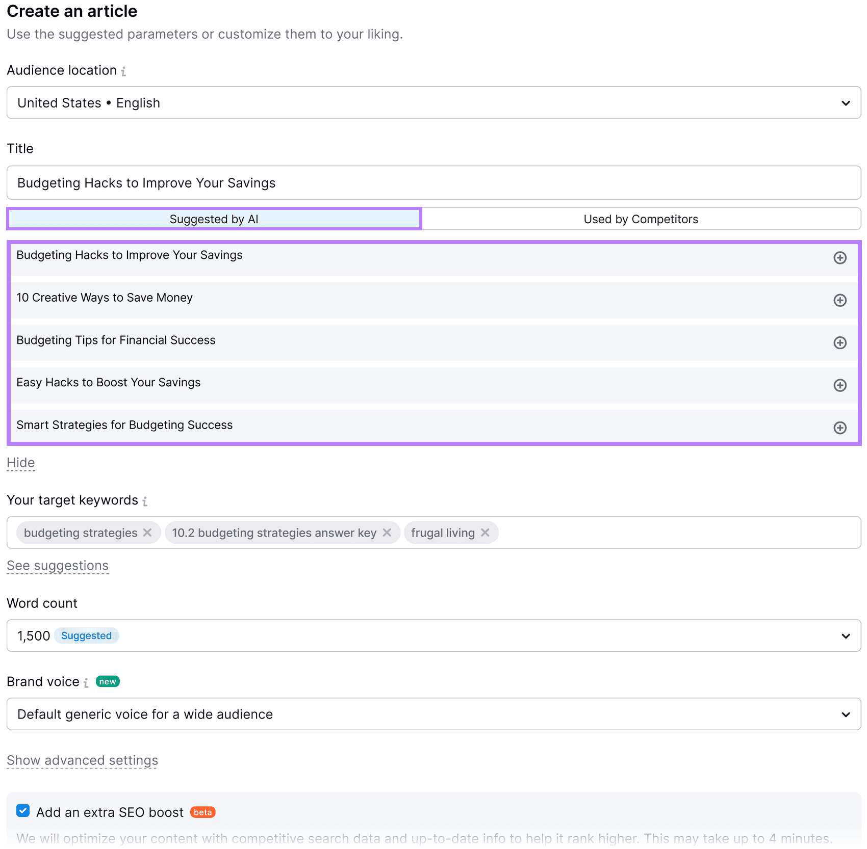 Contentshake "Create an article" interface showing title suggestions highlighted under "Suggested by AI" 