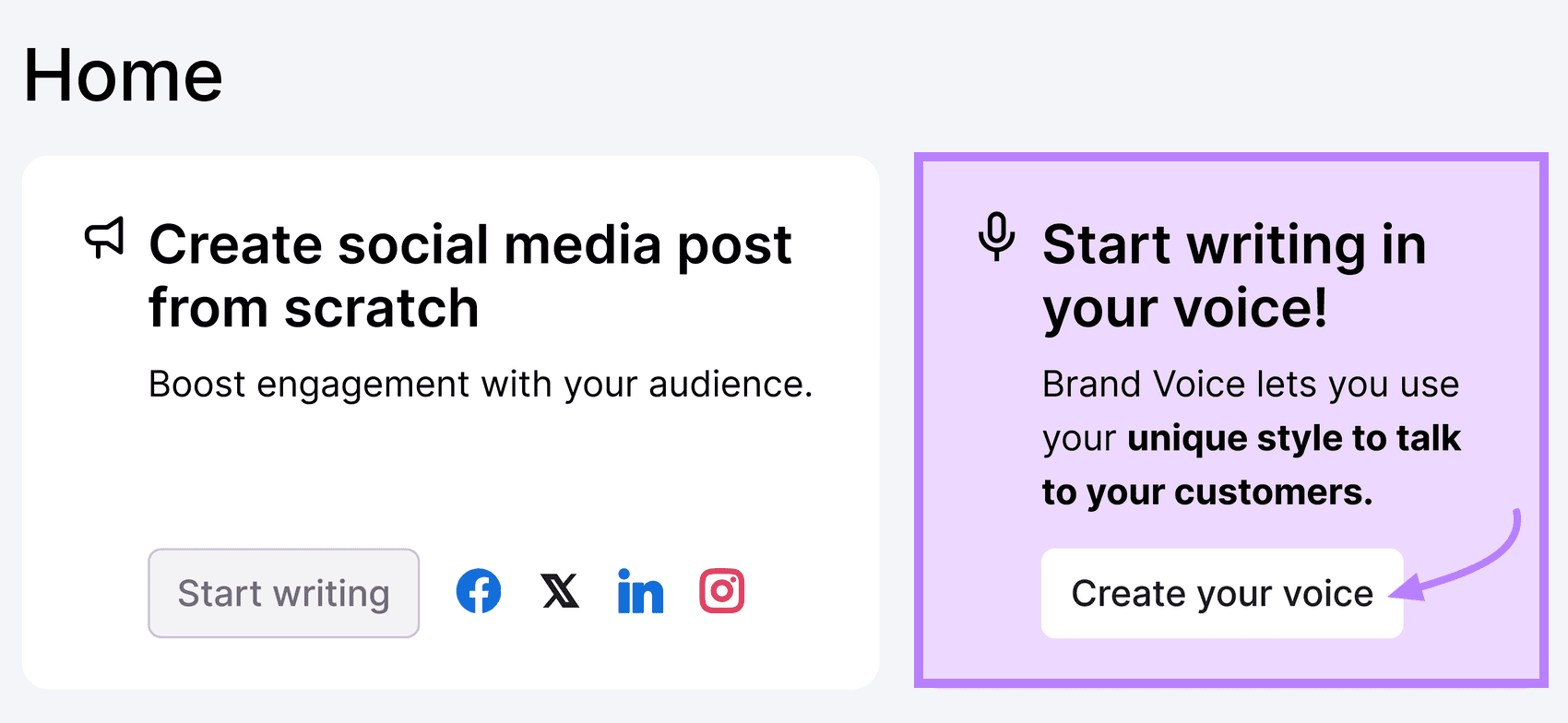 ContentShake home screen with "Start writing in your voice!" option highlighted in a purple box