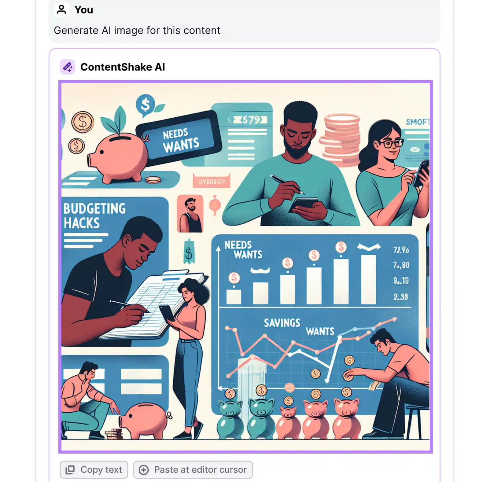 Dialogue in ContentShake showing a generated image focusing on financial management featuring people, charts, and graphs