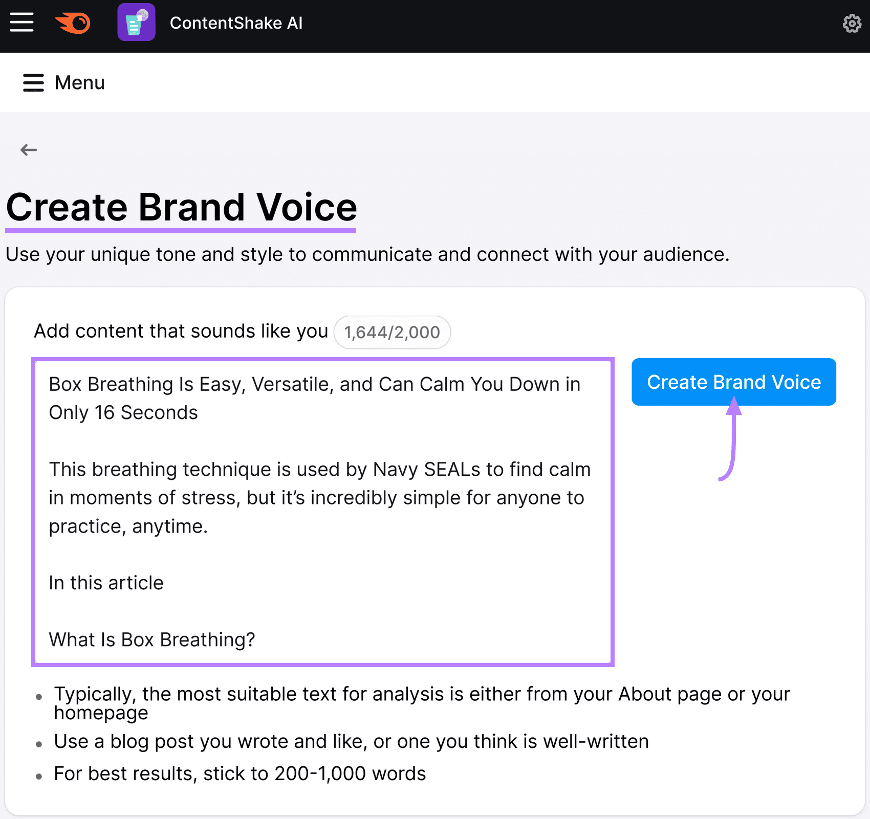 Interface showing the workflow to create a brand voice, including a text box and a "Create Brand Voice" button