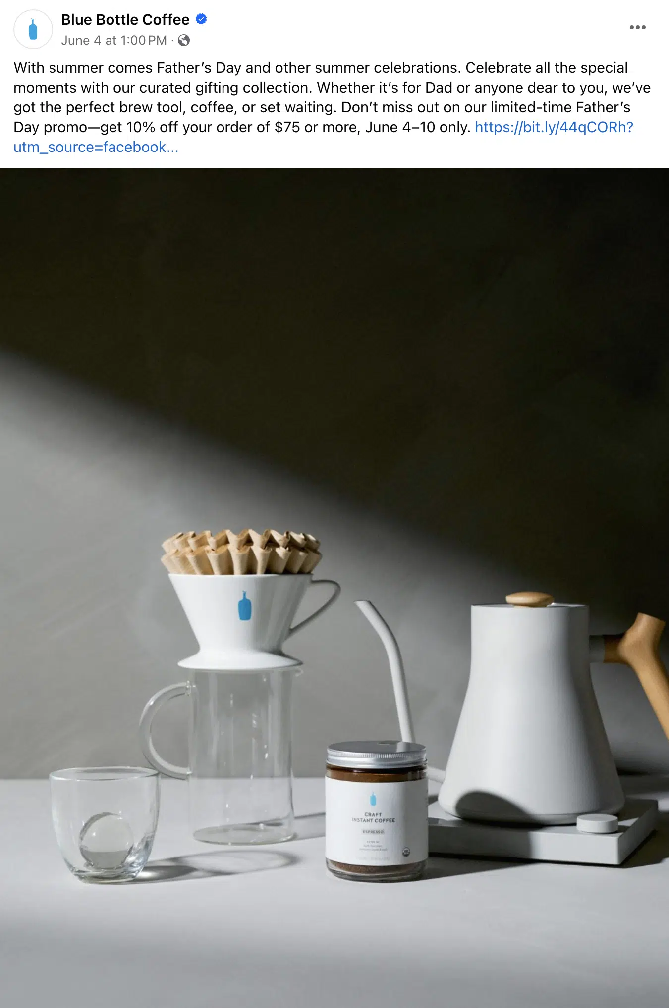 Promotional Facebook post from Blue Bottle Coffee, highlighting minimalist coffee-making items 