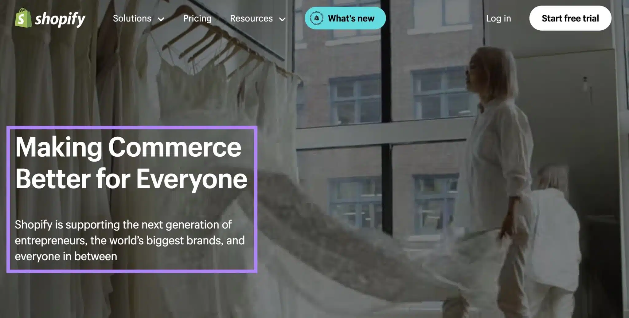 Shopify's headline on the homepage which reads "Making commerce better for everyone".