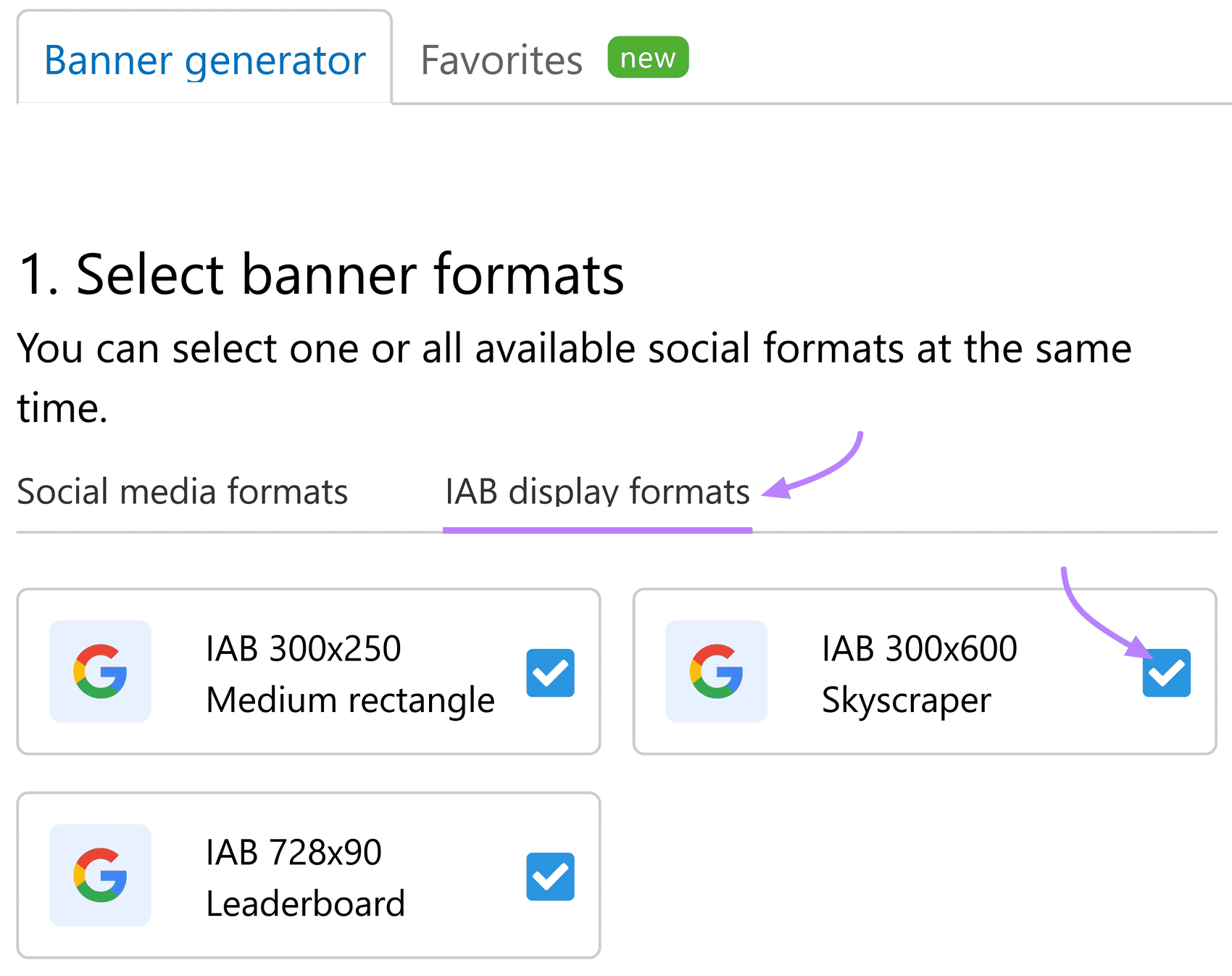 Interface for selecting banner formats in Semrush's Instant Banner Generator, showing options for IAB display formats.