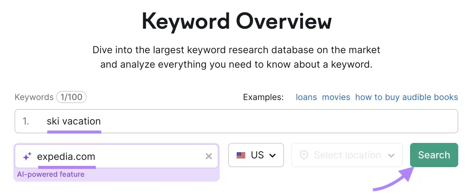 Keyword Overview tool-start with "ski vacation" entered as the keyword, "expedia.com" as the domain, and "Search" clicked.